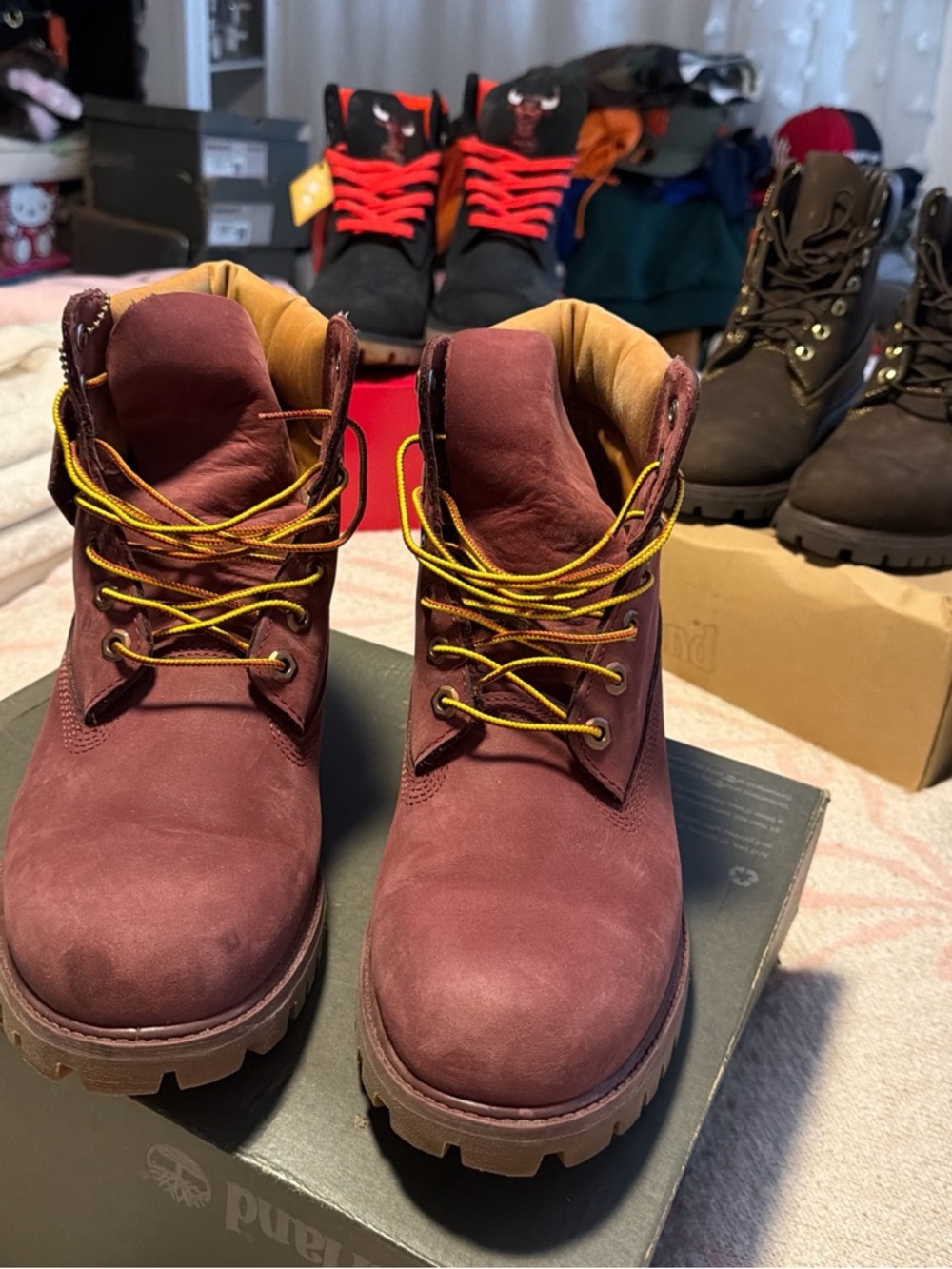 Timberland Burgundy Leather Work Boots with Yellow Contrast Laces